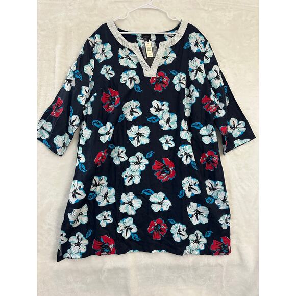 NWT Talbots Navy Floral Longline Top 3X Beaded 100% Linen - Picture 1 of 9